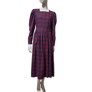 Vintage Laura Ashley Plaid Dress 8 Bow Puff Sleeves Tartan Wool Blend Britain